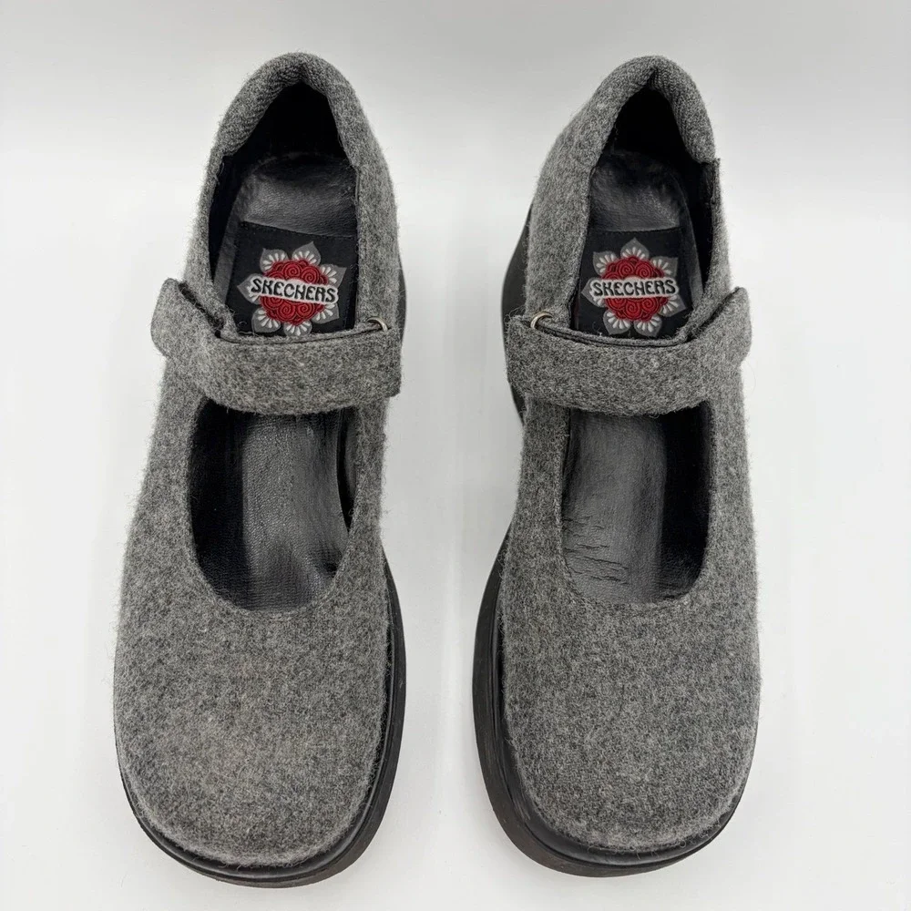Vintage Skechers Mary Jane Platform Shoes Sz 7 Gray 90s Y2K Chunky Black Square